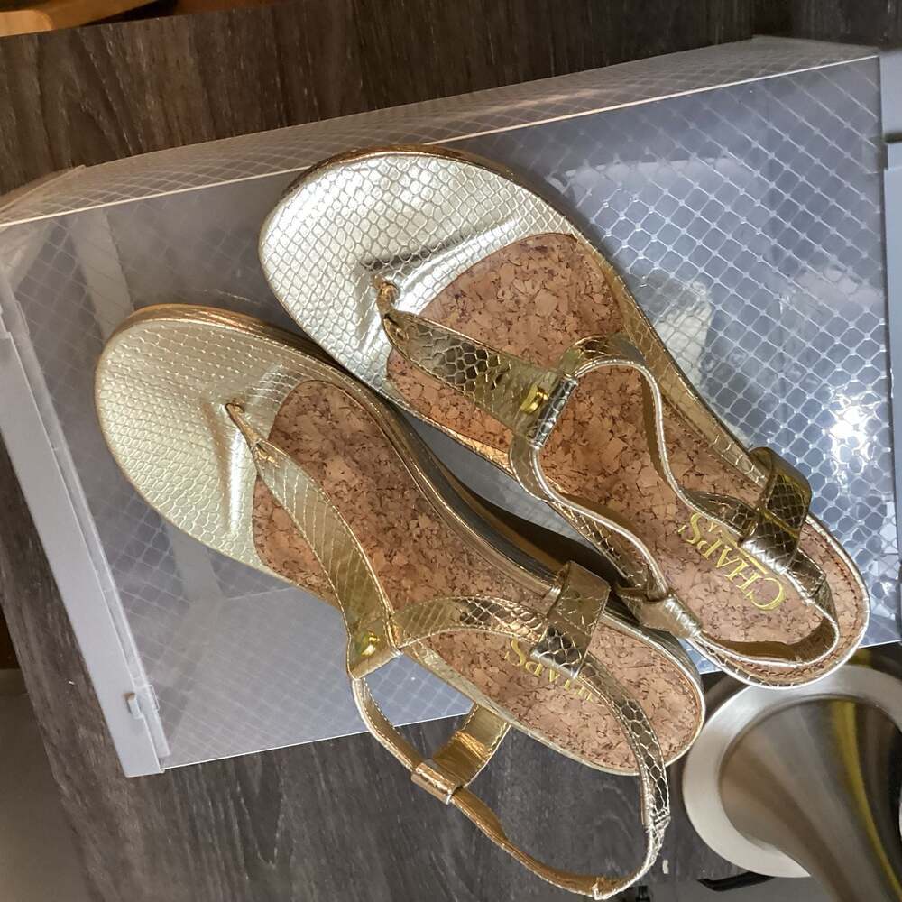 Chaps Women's Gold Snakeskin Raelyn Thong Wedge Sandals with Cork Footbed